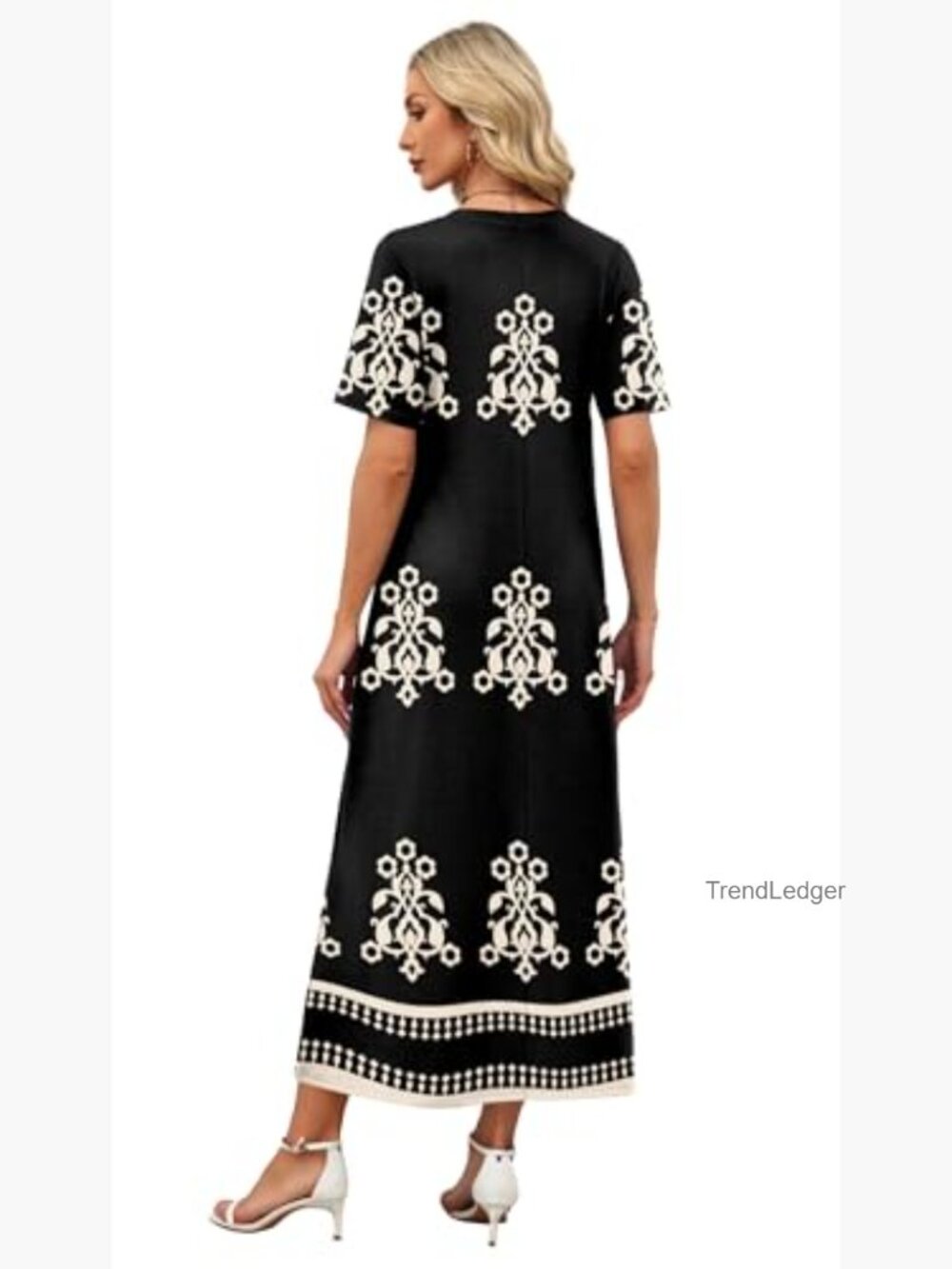V-Neck Maxi Dress Short Sleeve Flowy Summer Vacation Beach Travel - Picture 5 of 5